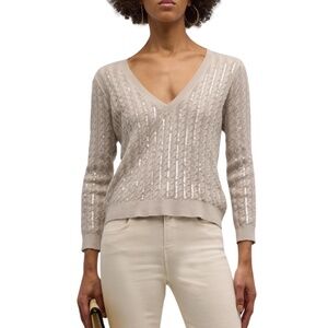 L'AGENCE Trinity Sequin Cable Knit Sweater Pale Neutral Small NWT Cotton